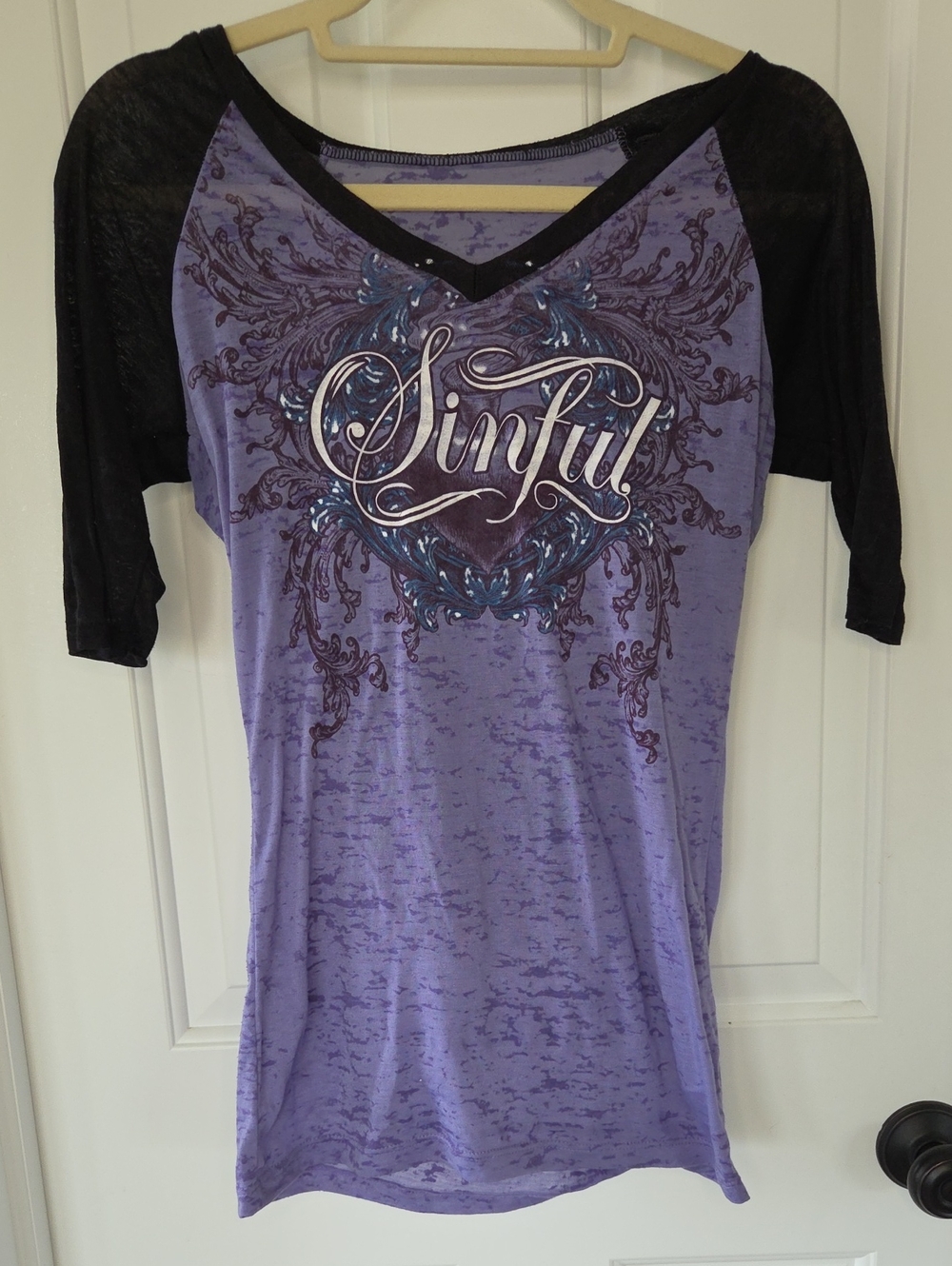 Sinful Purple Burnout V-Neck Raglan Tee with Black Sleeves